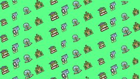 Seamless animated pattern featuring teachers, book stacks, school buildings, and eco-themed globe plant icons in a colorful educational design on a green background. - Powered by Shutterstock - Get 15% off with code: PIKWIZARD15