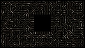 Golden electronic circuit board with energy or electricity visibly flowing through complex pathways surrounding a central negative space - Powered by Shutterstock - Get 15% off with code: PIKWIZARD15