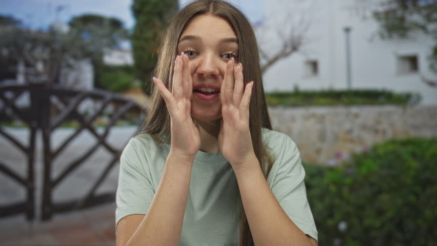 Teenage girl cups mouth with both hands to call out in front of a building gate outdoors; enthusiasm.
