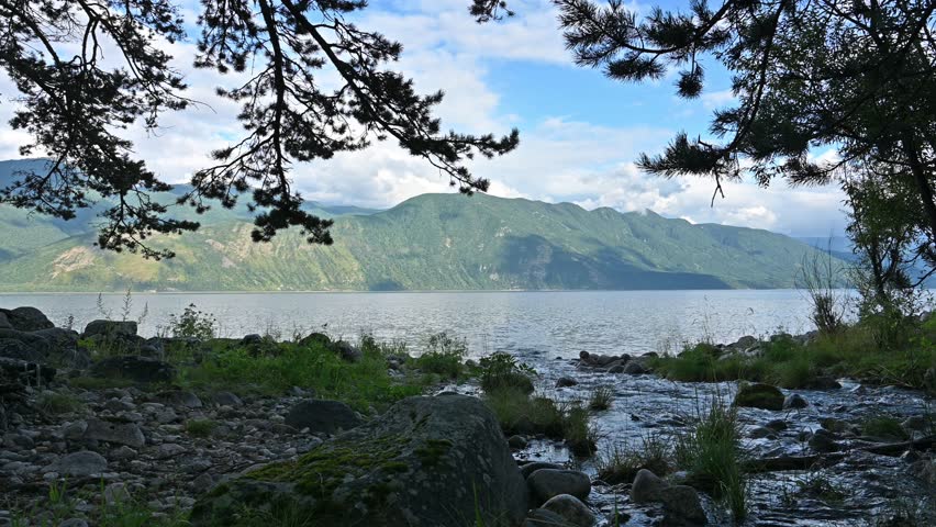 A stunning landscape with one of the many rivers flowing into mountain Lake Teletskoye. Altai Republic, Russia
