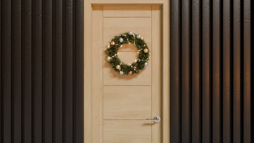 wooden door opening animation, christmas wreath decoration, green screen chroma key	
