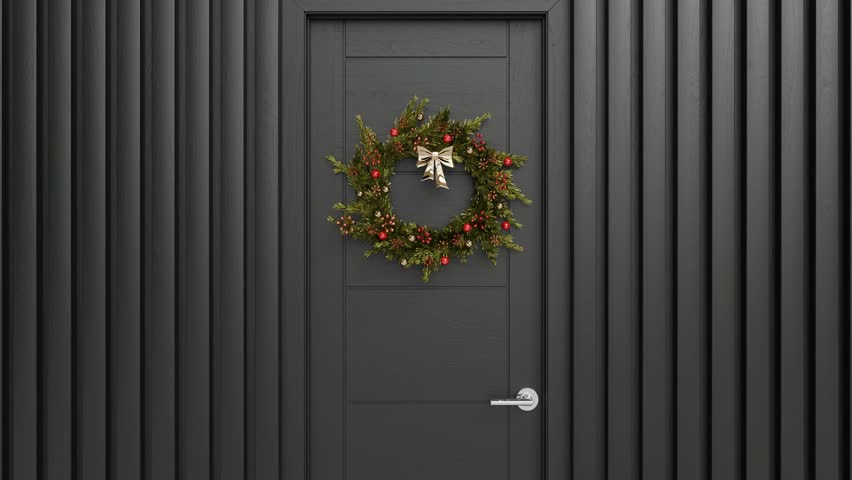 dark door opening animation, christmas wreath decoration, green screen chroma key	