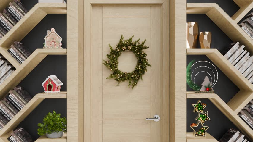 wooden door opening animation, christmas wreath decoration, green screen chroma key	