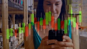 Woman tapping and swiping phone in retail storage, animated candlestick chart updating finance data. Device, touchscreen, display, storeroom, shelves, focus, organized - Powered by Shutterstock - Get 15% off with code: PIKWIZARD15