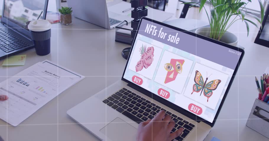 Woman using trackpad selecting butterfly NFT causing bars matching Qtr Report red trend for finance. Laptop, analytics, market, data, dashboard, focus, digital