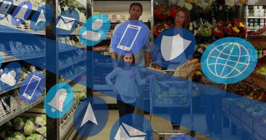 Family grocery aisle dad pointing selecting goods as mom pushing cart with loaf, app icons sweeping. Supermarket, four, shopping, produce, bread, blue, overlay