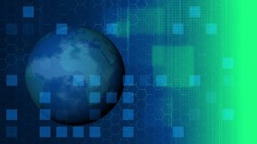 Digital world global network technology visualization abstract blue background with hexagon grid and dynamic data squares - Powered by Shutterstock - Get 15% off with code: PIKWIZARD15