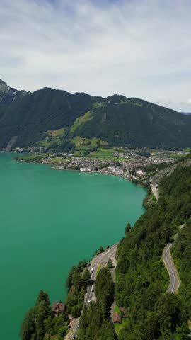 Lake Lucerne in Switzerland elevated viewpoint Axenstein viewpoint, aerial drone