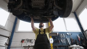 Skilled automotive mechanic inspecting vehicle undercarriage, utilizing tools for maintenance, showcasing detailed craftsmanship in a well-equipped garage environment with organized tools - Powered by Shutterstock - Get 15% off with code: PIKWIZARD15