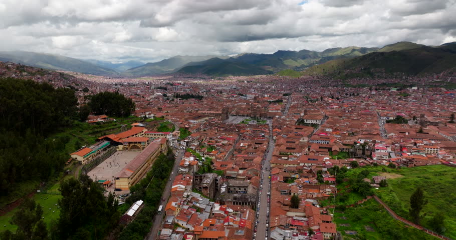 Wide aerial view over populous City of Cusco the Historical Capital in Peru