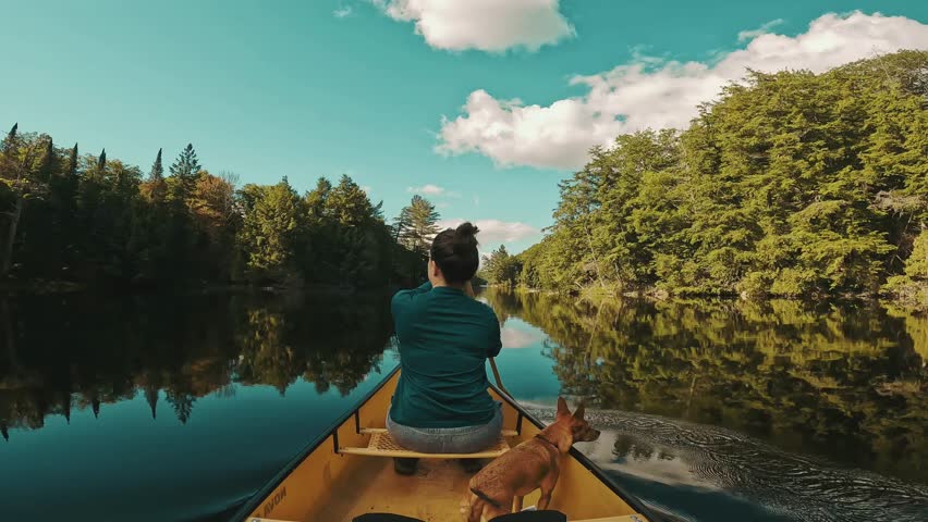 A slow-motion, back shot of a woman gracefully paddles her canoe across the serene waters of Algonquin Provincial Park in Ontario, Canada