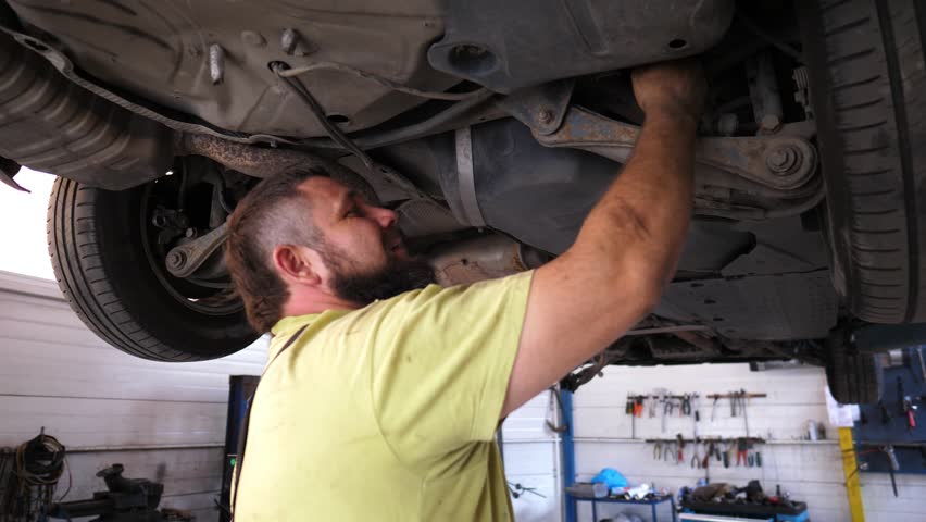 Skilled mechanic working under a car in a garage, focused on detailed repairs, showcasing the intricate process of automotive maintenance and the dedication to quality service