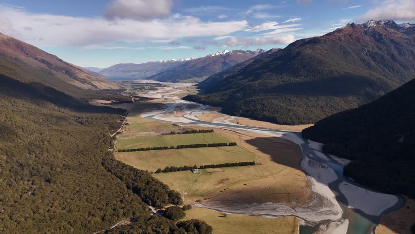 Green valley and river, Mount Aspiring National Park, South Island, New Zealand. Aerial