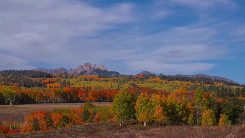 Fall Autumn September October Gunnison National Forest Ohio Pass Mill Castle Mountain time lapse Colorado Crested Butte Ohio Pass Kebler Pass morning cloud movement vibrant quaking Aspen trees colors