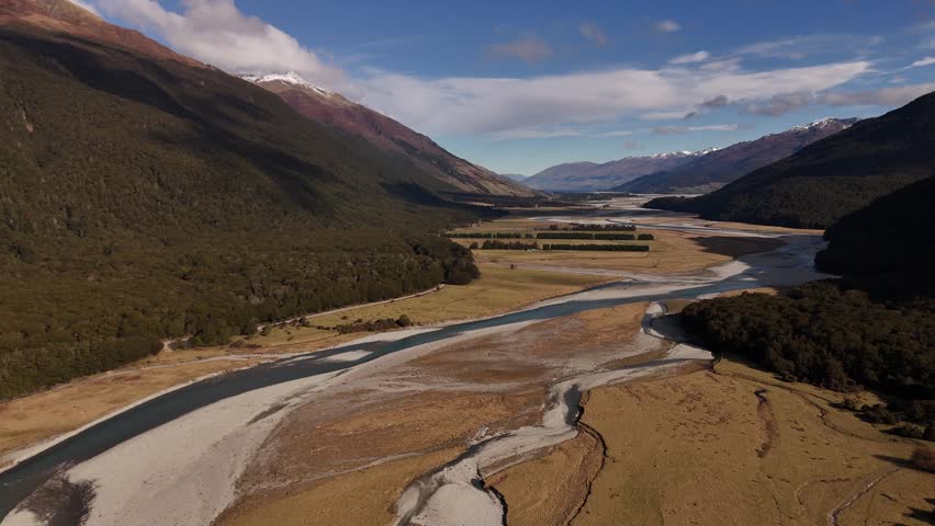 River flowing between mountains, Mount Aspiring National Park, New Zealand. Aerial