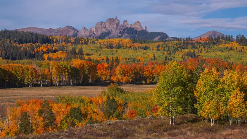 Fall Autumn morning October Gunnison National Forest Ohio Pass Mill Castle Mountain time lapse Colorado Crested Butte Ohio Pass Kebler Pass morning cloud movement quaking Aspen trees colors zoom in