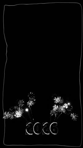 Hand drawn style animation for New Year 2026, festive fireworks with ample top space for text. Perfect vertical video background for social media stories and holiday greetings