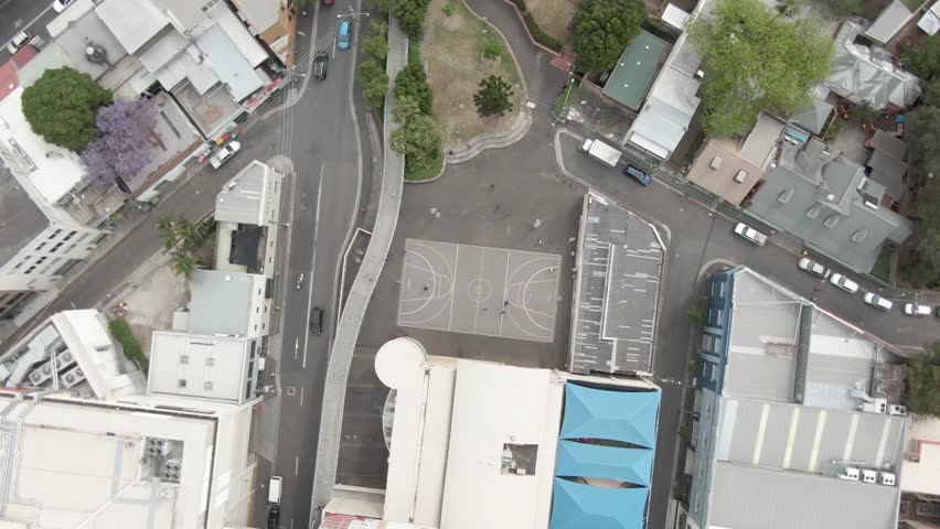 A drone view of people playing on a basketball court