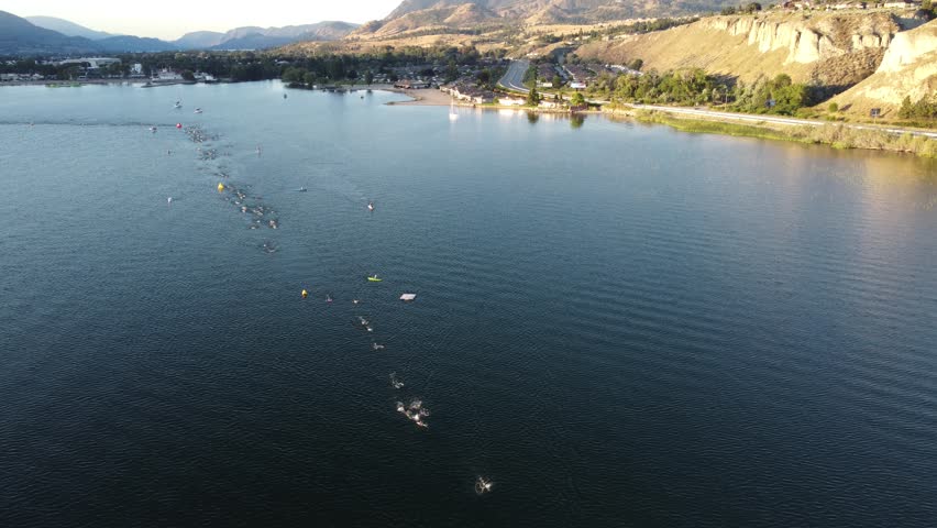An aerial of IronMan 2022 swimming event in Penticton, Canada.