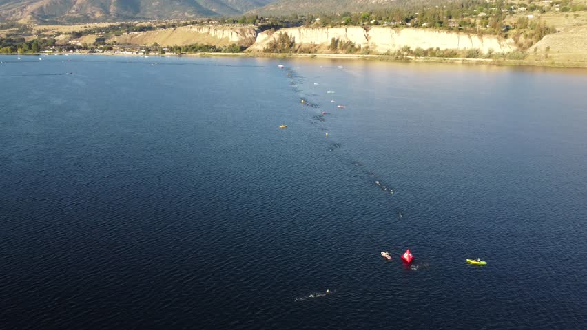 An aerial of IronMan 2022 swimming event in Penticton, Canada.