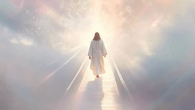 A tranquil lone figure walks toward radiant celestial light along a heavenly path, symbolizing enlightenment, spiritual awakening, peace, hope, and transcendence. - Powered by Shutterstock - Get 15% off with code: PIKWIZARD15