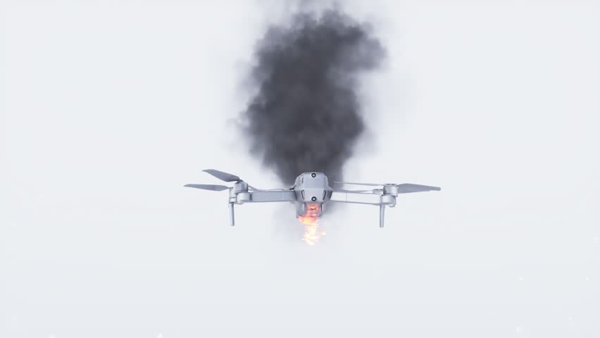 White drone catch fire while flying. 3d rendering. 3d illustration.