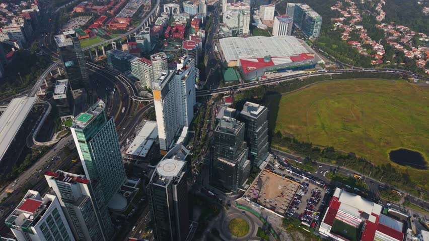 Drone view of exclusive corporate zone in Santa Fe, Mexico City