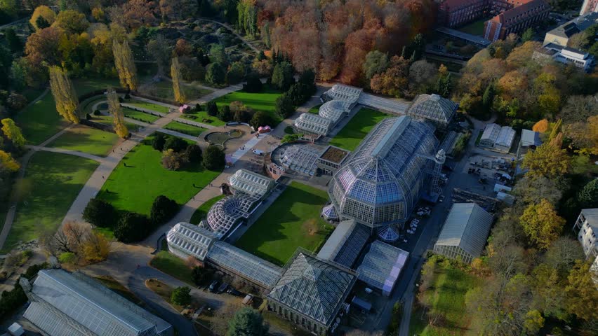 Berlin botanical garden showing glasshouses. Best aerial view flight drone