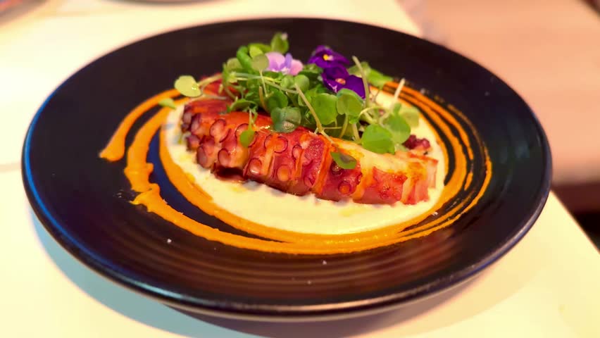 octopus served as luxury spanish tapas meal on plate with sauce and parsley