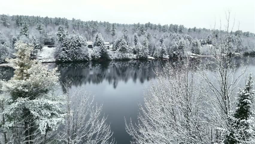 Aerial view of snow-laden trees mirrored in a serene lake, creating a stark contrast of white and gray, White Mountains, New Hampshire, United States.
