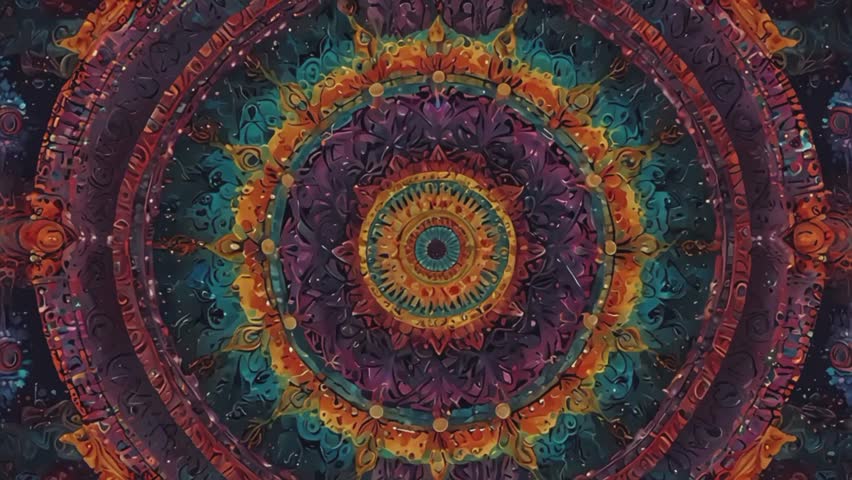 A very bright, detailed, and psychedelic cosmic mandala with a profound symmetrical composition. This intricate circular pattern is dominated by a mix of rich and contrasting colors.