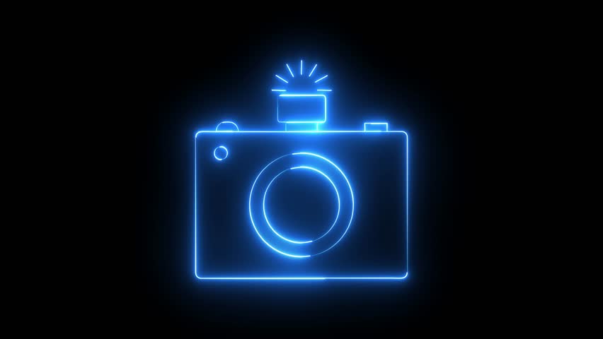 camera icon animation glowing neon blue color move film digital camera photo shot picture frame sign symbol on black background	