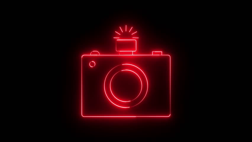 camera icon animation glowing neon red color move film digital camera photo shot picture frame sign symbol on black background	