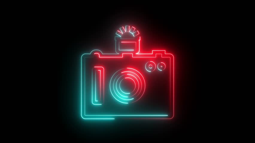 camera icon animation glowing neon red and cyan color move film digital camera photo shot picture frame sign symbol on black background	