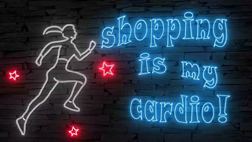 Shopping is my cardio + silhouette of sporty woman running illuminated 3d illustration retro neon signs, sweet and cute 10s 4k video art in blue red and white, Black Friday Sales event, marketing