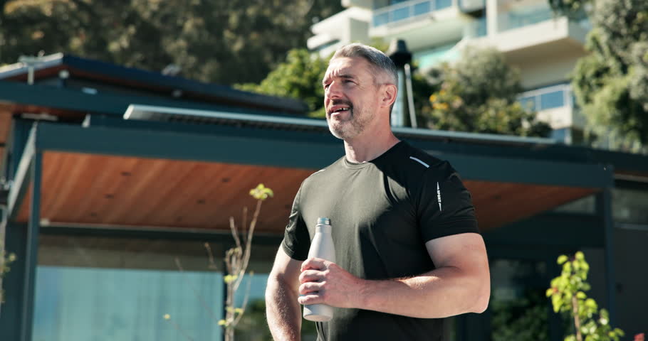 Water, thinking and fitness with man outdoor for vision, hydration or training recovery. Electrolyte drink, reflection or wellness with mature person at house for athlete, exercise and mineral liquid