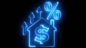 Home with dollar sign and percentage icon animation glowing neon blue color house apartment property tax business hotel office address on black background	 - Powered by Shutterstock - Get 15% off with code: PIKWIZARD15