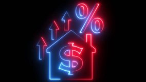 Home with dollar sign and percentage icon animation glowing neon red and blue color house apartment property tax business hotel office address on black background	 - Powered by Shutterstock - Get 15% off with code: PIKWIZARD15