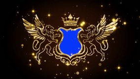 Luxurious golden coat of arms with two winged griffins, ornate crown, and blank blue shield. Ideal as a symbol for premium awards, invitations, or heritage branding - Powered by Shutterstock - Get 15% off with code: PIKWIZARD15