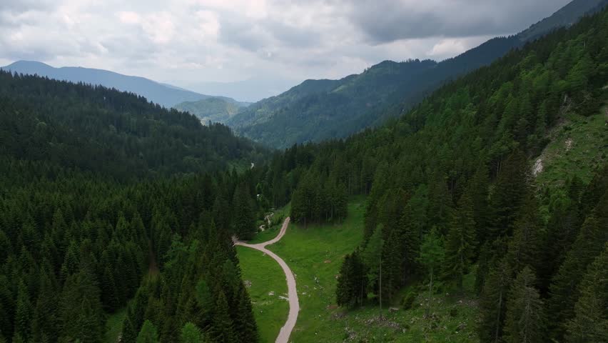 Cinematic aerial drone footage of Slovenia Alps. forest on cloudy summer day showing green mountain trees, peaceful atmosphere, natural landscape and calm outdoor alpine scenery