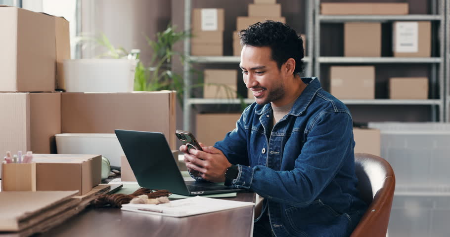 Supply chain, documents and man with laptop, smile and startup with inventory checklist. Person, business or entrepreneur with compliance, paperwork and distribution with ecommerce, reading and pc