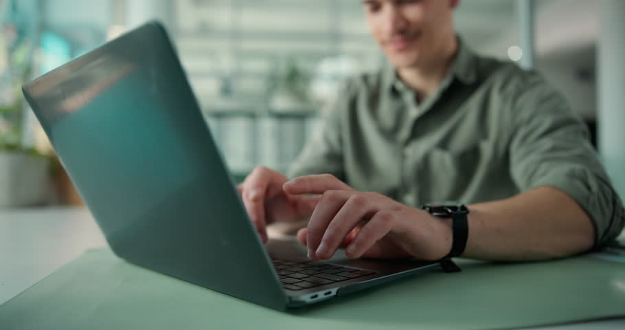 Man, hands or research in office with laptop for email marketing, project planning or lead generation. Person, browse and typing with computer for newsletter info, advertising campaign or networking.