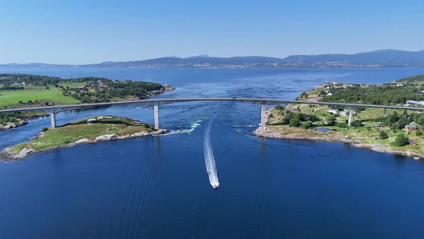 An aerial view of the Saltstraumen bridge spanning the powerful tidal currents of the Saltstraumen sound near Bodoe, Norway