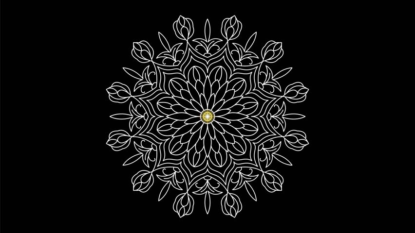 A captivating mandala design featuring delicate white floral patterns intricately arranged around a central golden accent, set against a deep black background.  - Powered by Shutterstock - Get 15% off with code: PIKWIZARD15