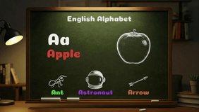 Chalkboard animation showing the letter A being drawn with chalk, along with an apple sketch and simple icons. Educational alphabet scene where the letter A forms gradually in a classroom-style board. - Powered by Shutterstock - Get 15% off with code: PIKWIZARD15
