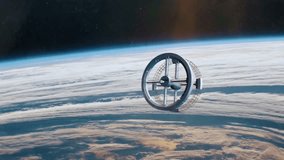 Futuristic starship ring-shaped spacecraft orbiting a moon, advanced space station with rotating habitat, science fiction interstellar travel, cosmic scenery, cinematic sci-fi world with planets and s - Powered by Shutterstock - Get 15% off with code: PIKWIZARD15