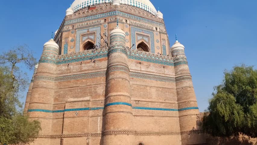 The Tomb of Shah Rukn-e-Alam located in Multan, Punjab, Pakistan, is the mausoleum of the 14th century Punjabi Sufi saint Sheikh Rukn-ud-Din Abul Fateh. historical building in Multan. 4K Footage.