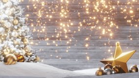 Elegant Christmas background. Snowy Christmas tree, golden star, festive ornaments on white snow. Soft bokeh lights, rustic wooden backdrop. Winter holiday, celebration, copy space. - Powered by Shutterstock - Get 15% off with code: PIKWIZARD15