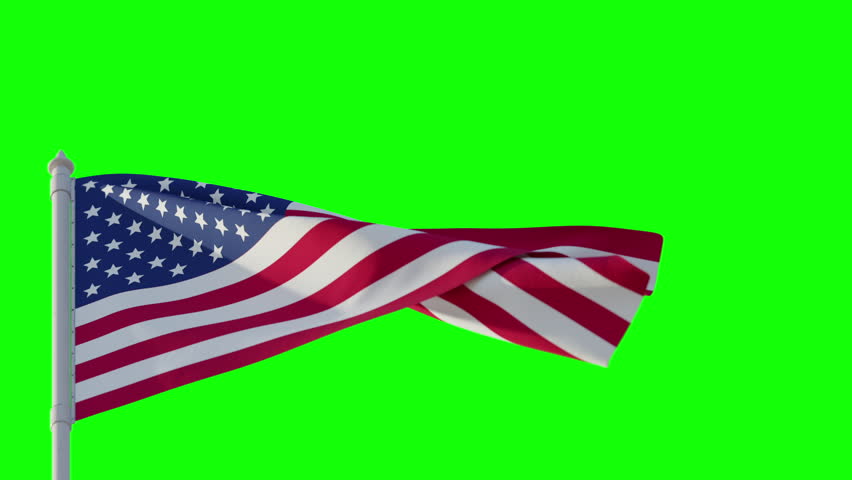 Slow motion footage US flag animation on chromakey green screen for newsrooms, political content, social media. Clean edges and easy keying. Part of themed series.