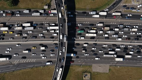 Aerial Top Down View Busy Multilane Traffic Flow